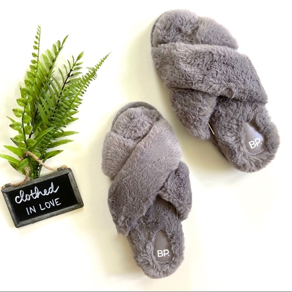 bp Shoes - BP Grey Sophie Criss Cross Plush Bedroom Slipper